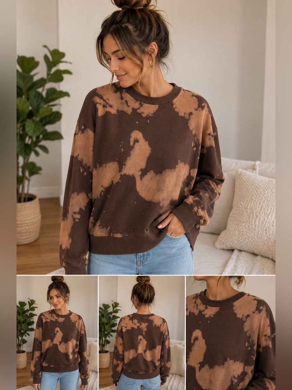 Pistola Brown Bleach Tie-Dye Sweatshirt | Oversized Cotton Pullover | XS